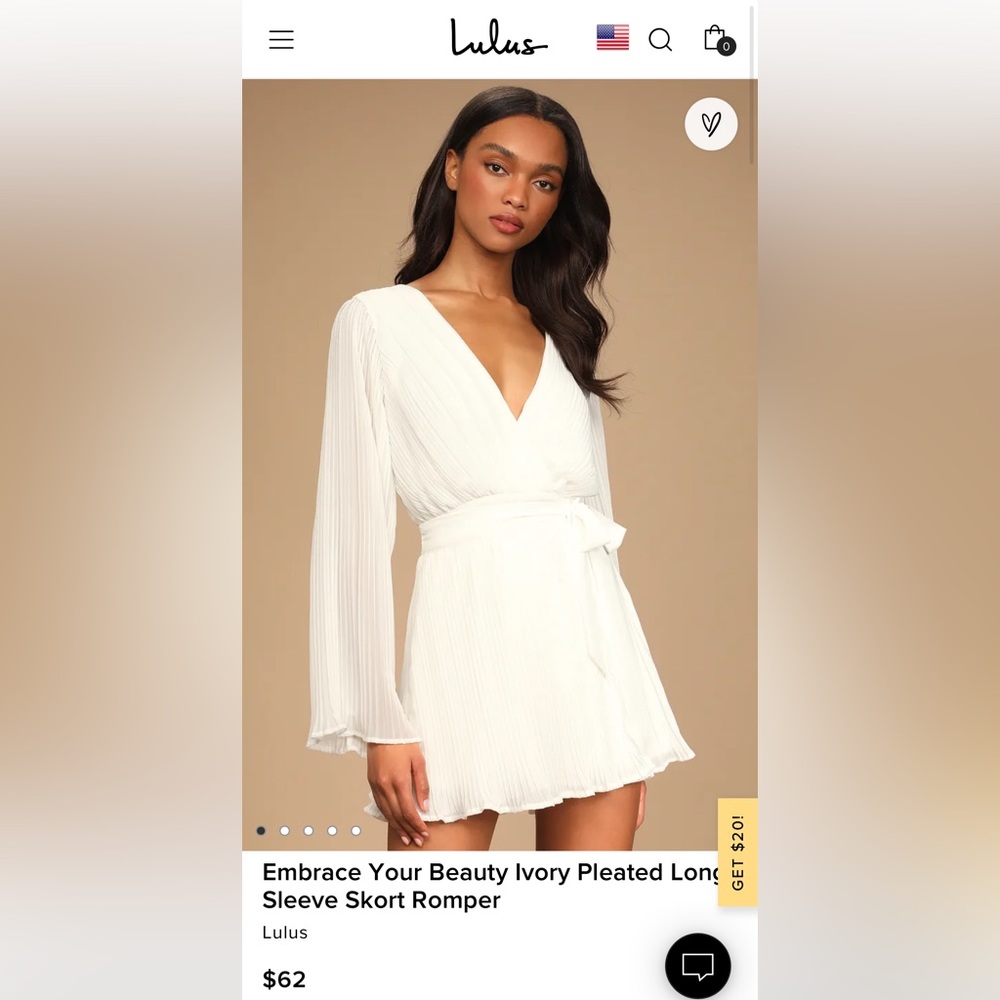 NWT Lulu’s Embrace Your Beauty Ivory Pleated Long Sleeve Skort Romper